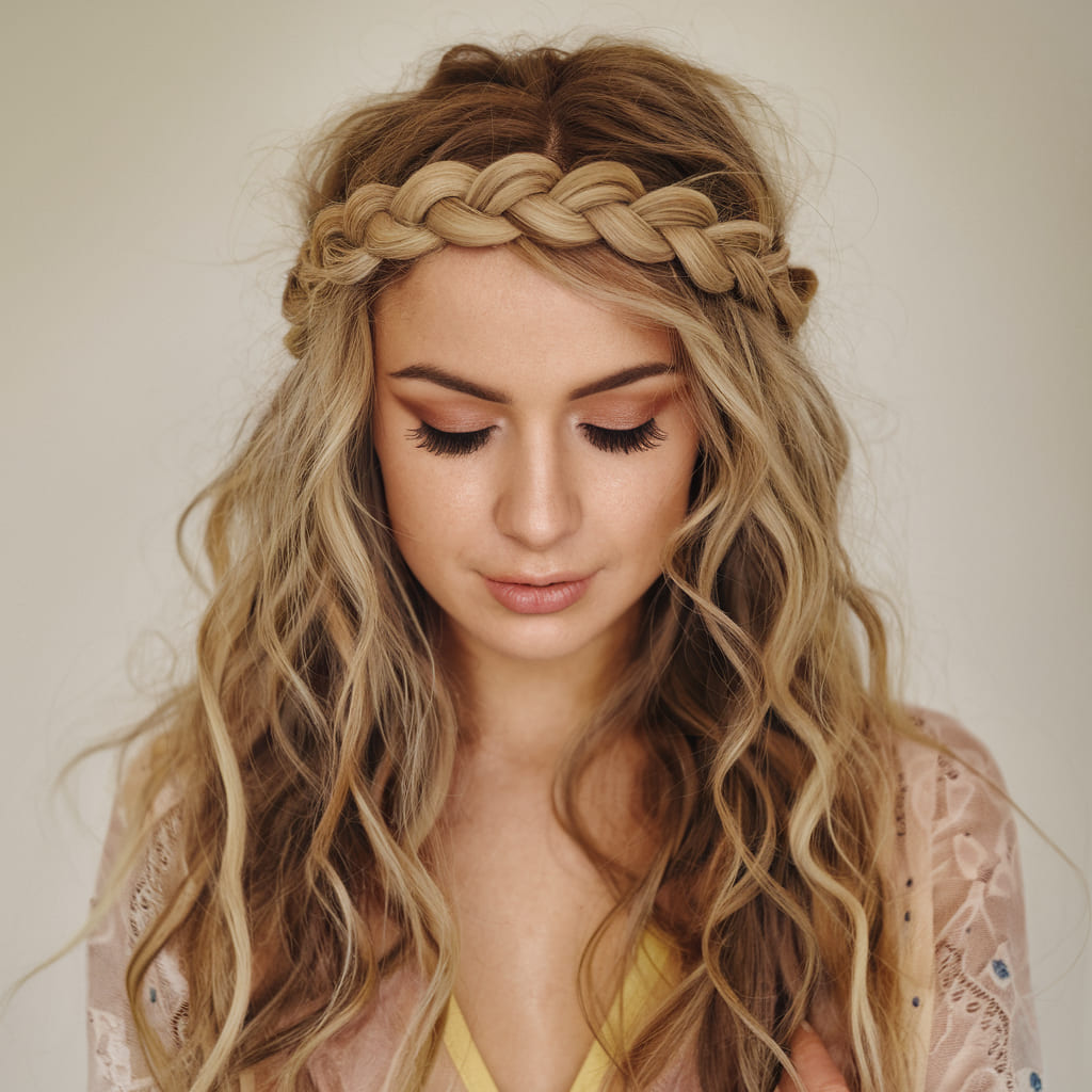 Boho Braided Headband with Tousled Curls