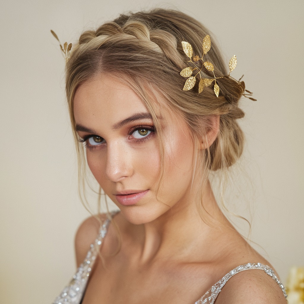 Braided Crown with Gold Leaf Hairpins