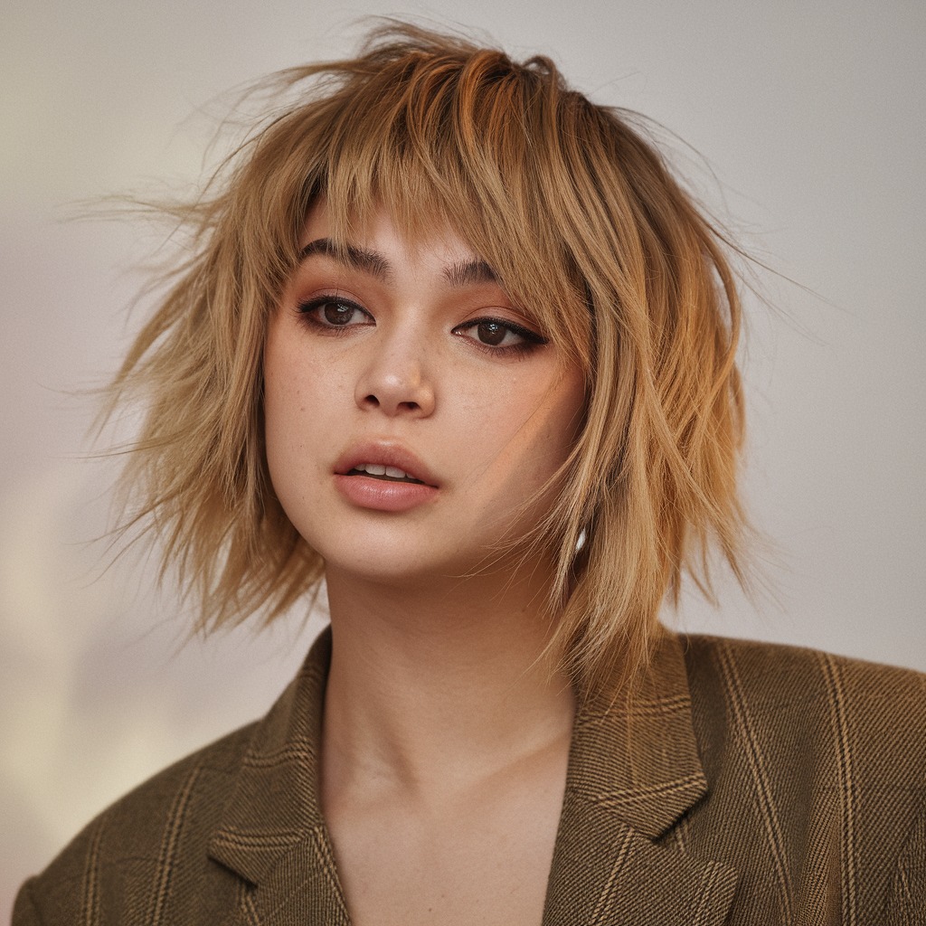 Caramel Blonde Wolf Cut with Shaggy Bangs