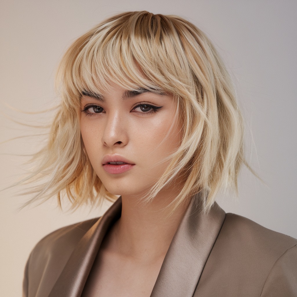 Champagne Blonde Wolf Cut with Swoopy Bangs