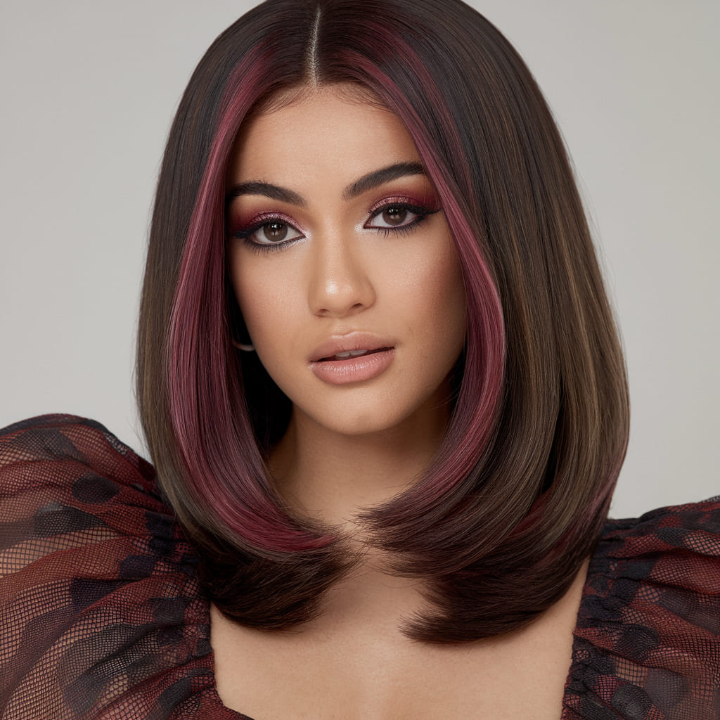 Chunky Burgundy Highlights on Dark Brown Hair