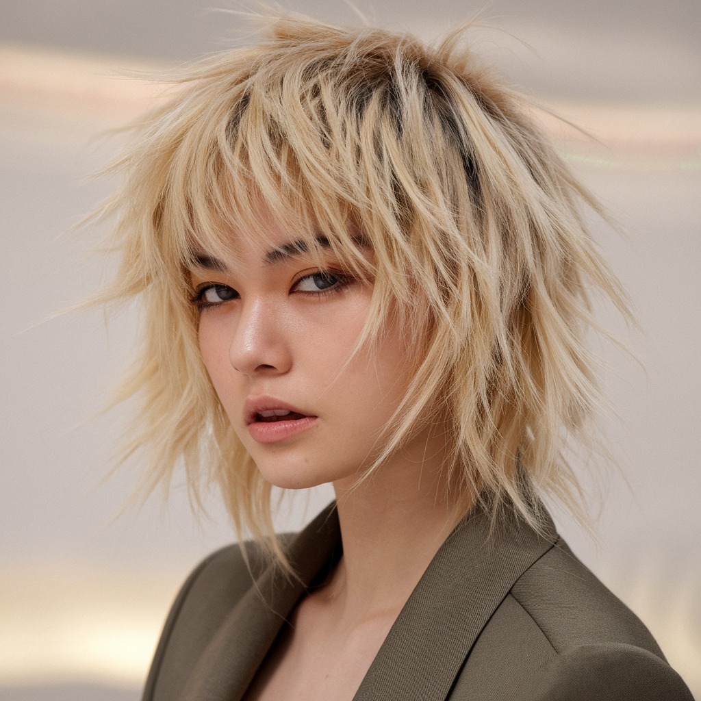 Dirty Blonde Wolf Cut with Messy Bangs