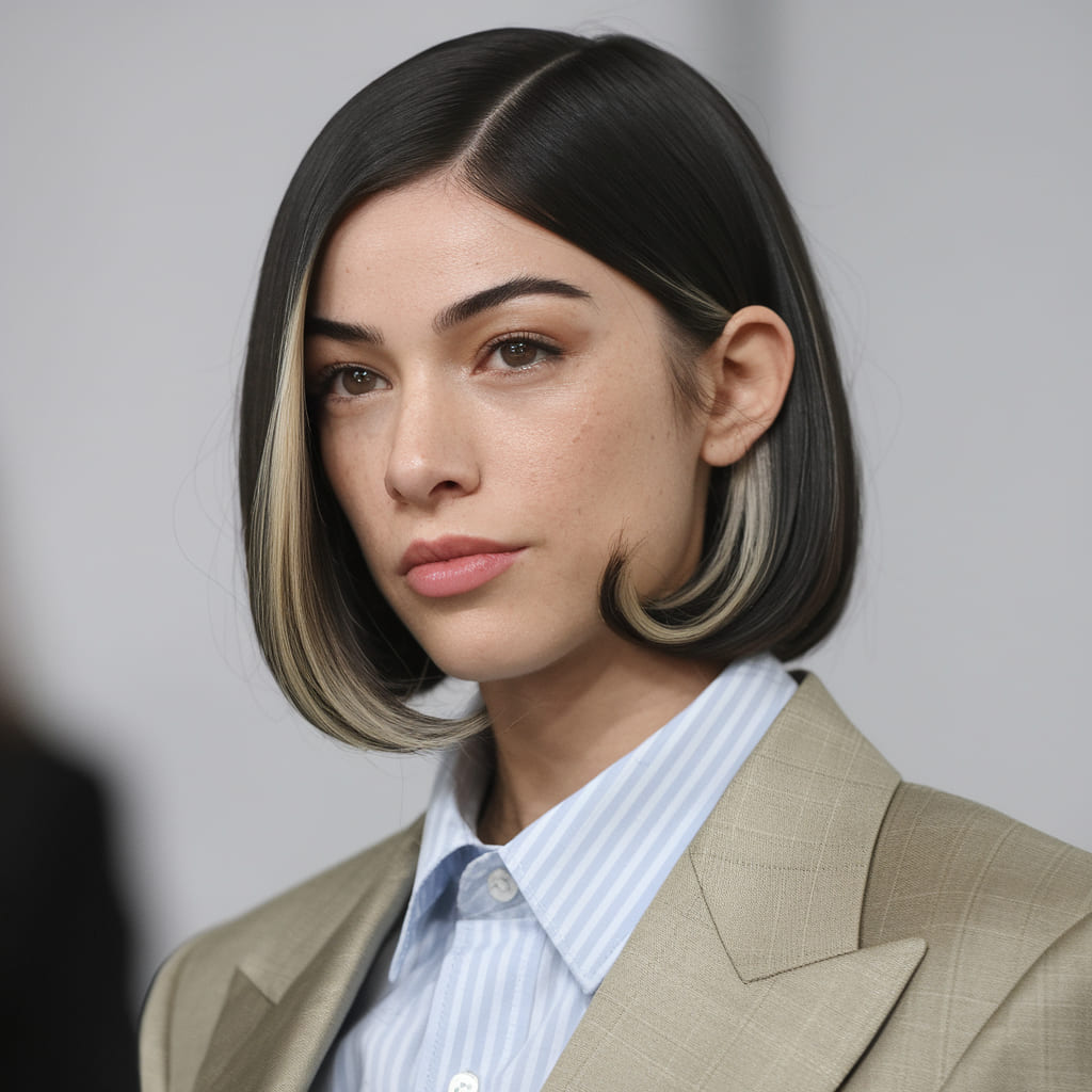 Ear Length Bob Hairstyle with Face Framing Highlights