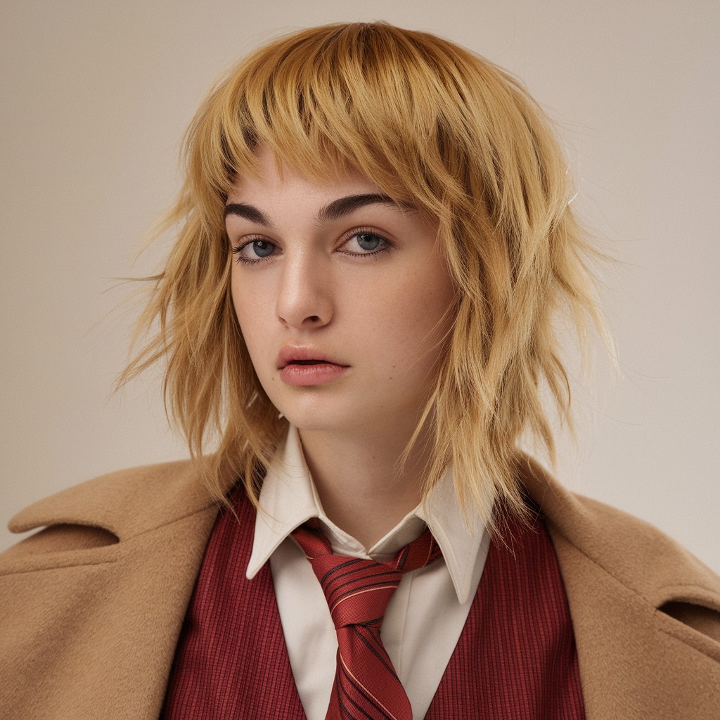 Golden Blonde Wolf Cut with Layered Bangs