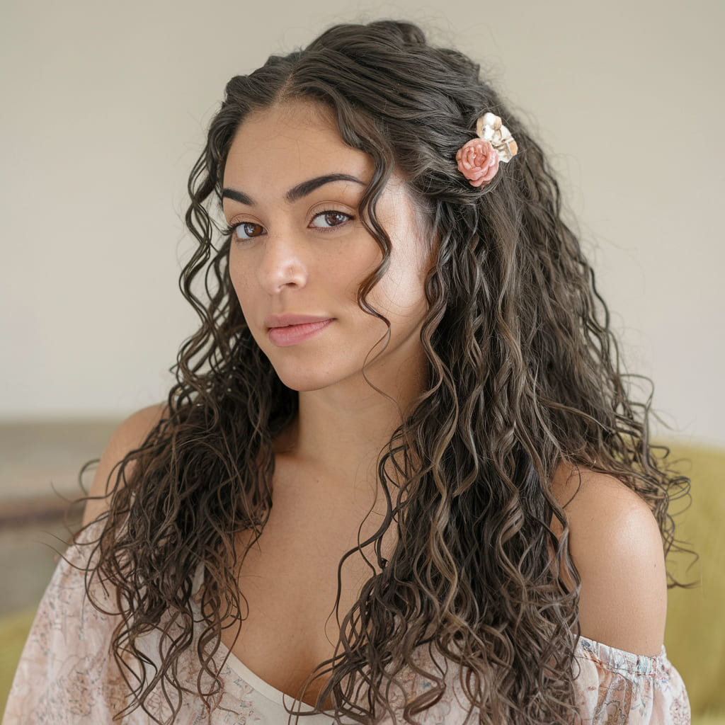 Half Up Curls with a Floral Clip