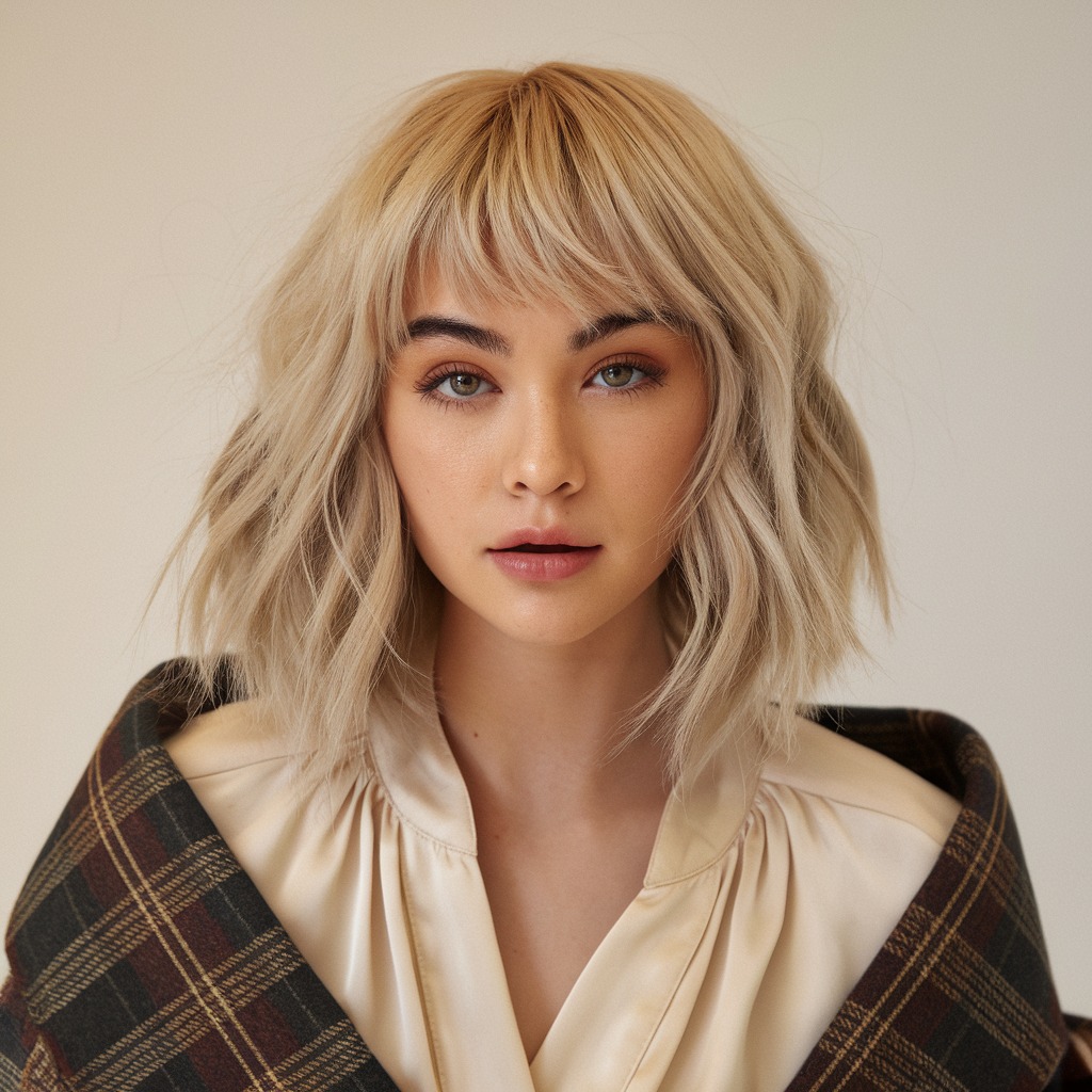 Icy Blonde with Curtain Bangs