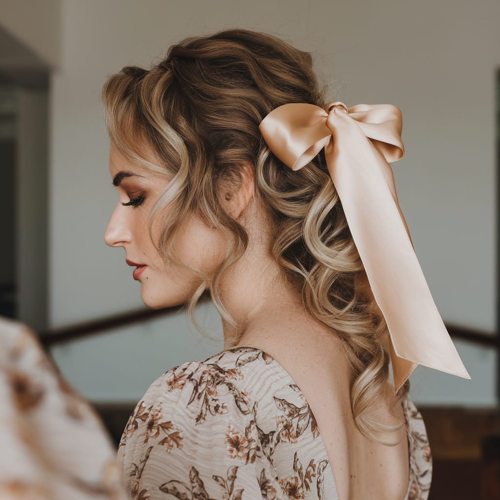 Layered Curls with a Satin Ribbon Bow