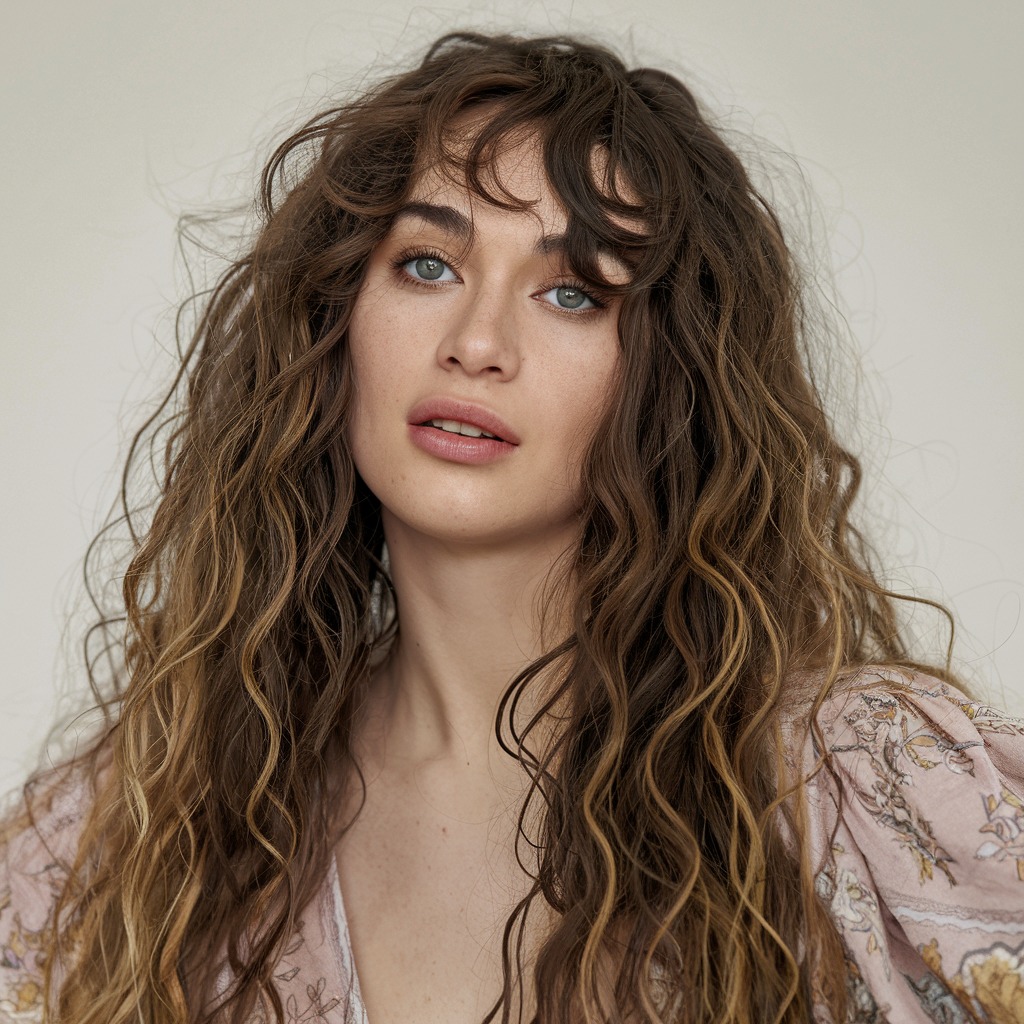 Long Curly Hair with Textured Bangs