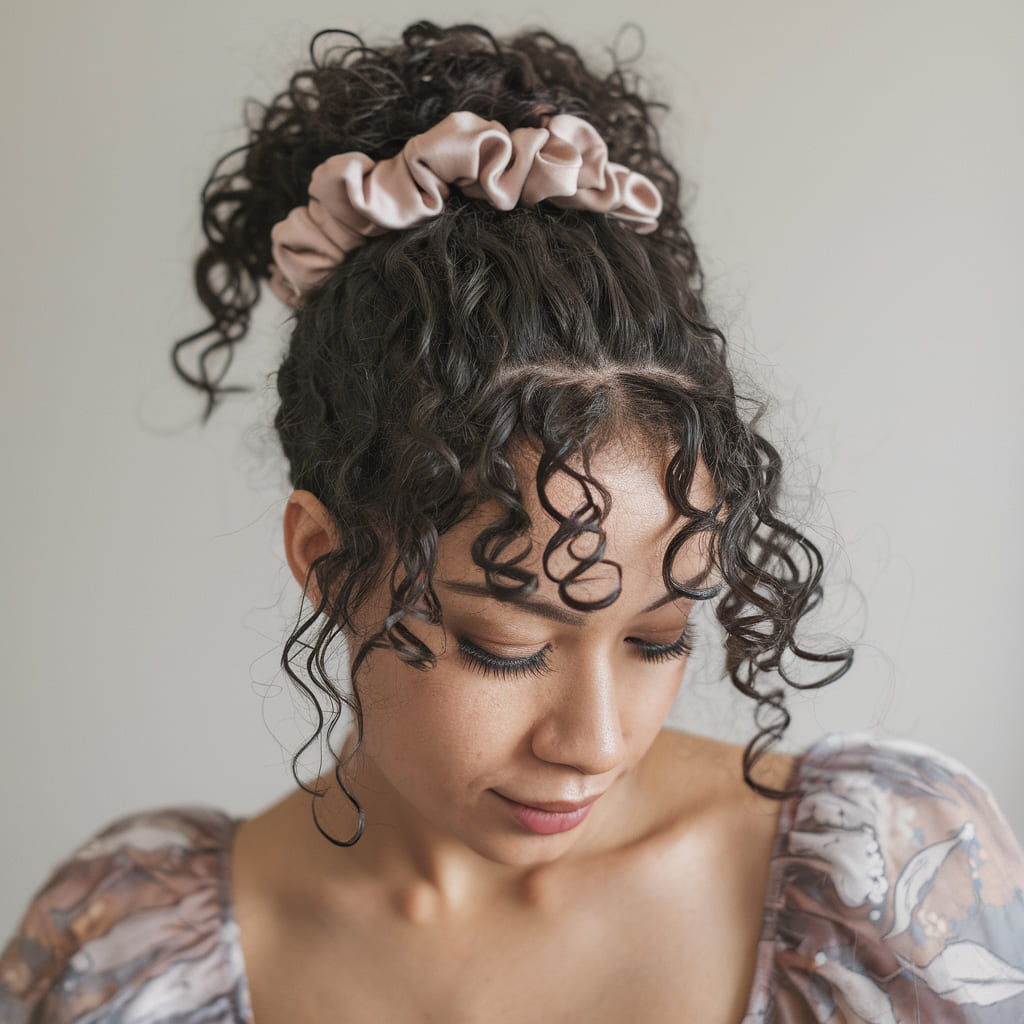 Messy Curly Bun with a Scrunchie