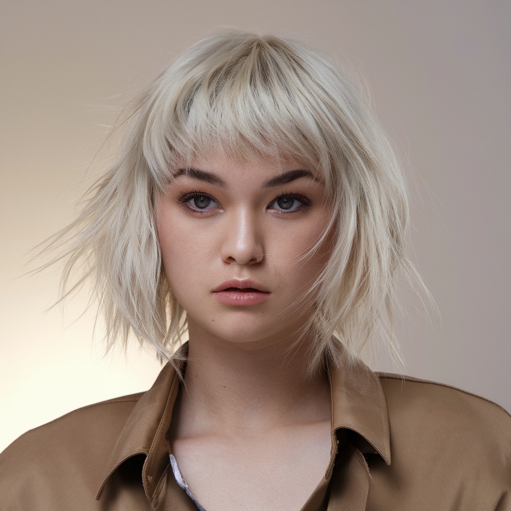 Platinum Blonde Wolf Cut with Wispy Bangs