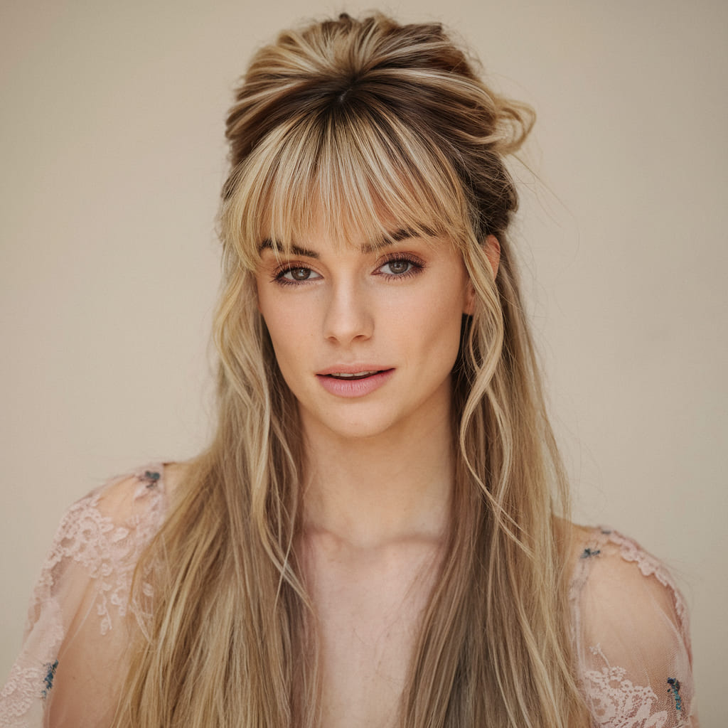 Playful Half Up Hairstyle with Feathered Fringe