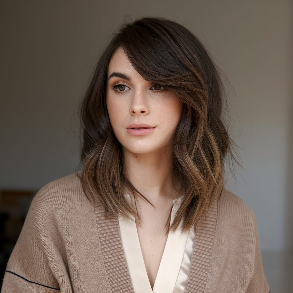 Polished Lob with Side Swept Fringe