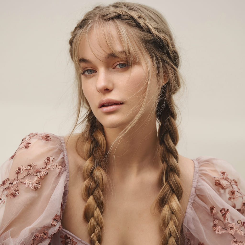 Romantic Braids with Soft Face Framing Bangs