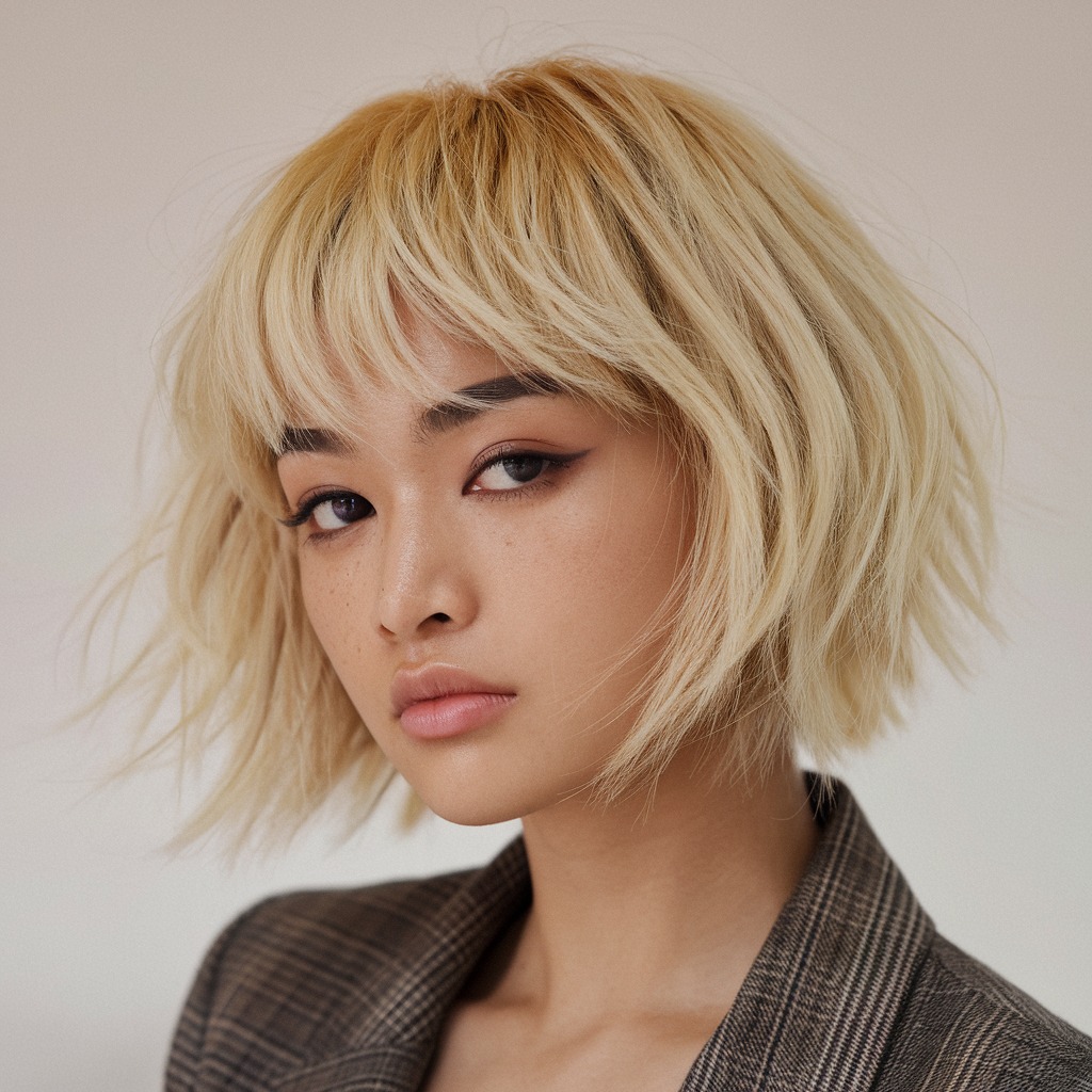 Rooted Blonde Wolf Cut with Full Bangs