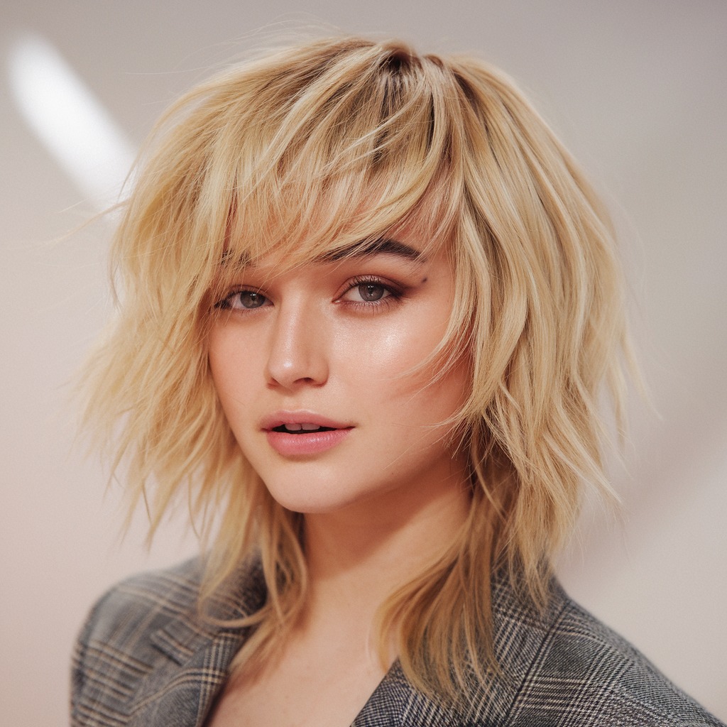 Sandy Blonde Wolf Cut with Side-Swept Bangs