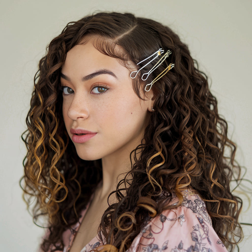 Side Parted Curls with Bobby Pin Art