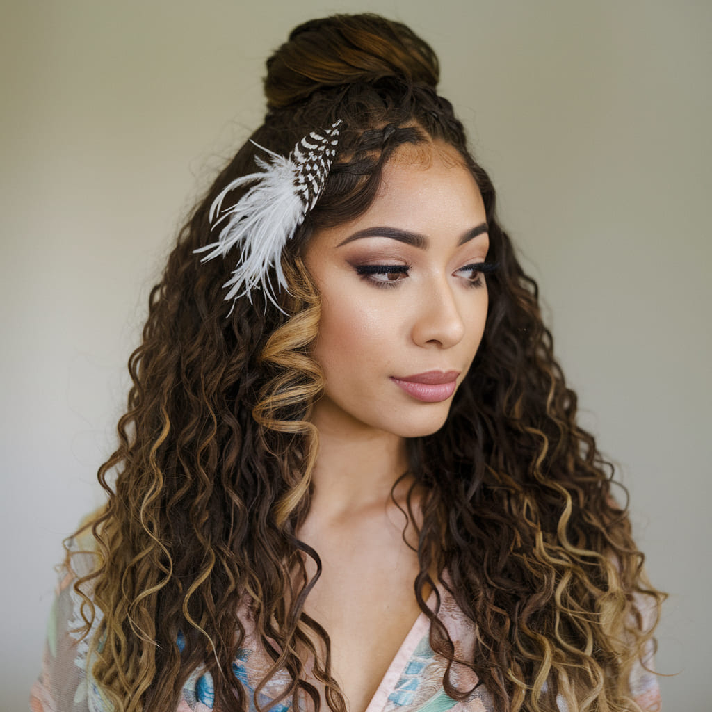 Side Swept Curls with a Feather Clip