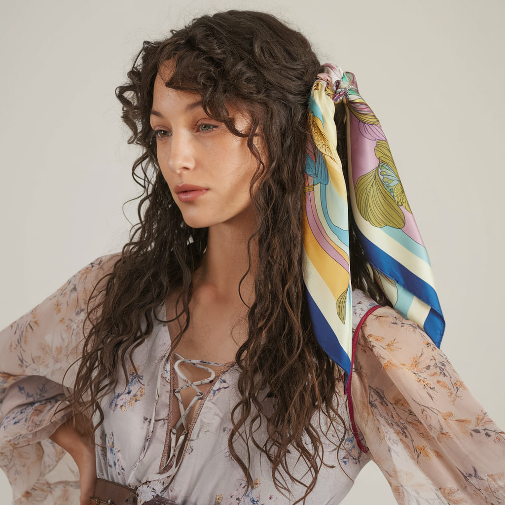 Soft Curly Layers with a Silk Scarf