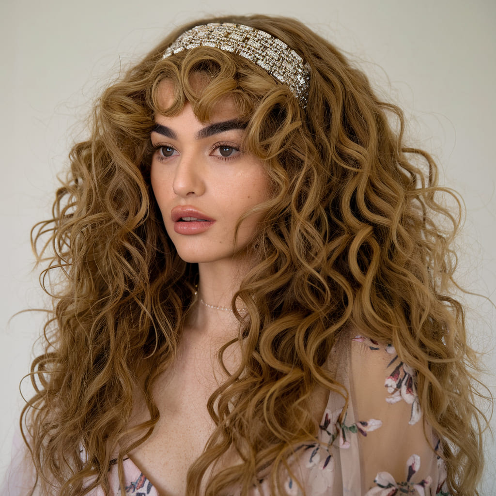 Voluminous Curls with a Rhinestone Headband