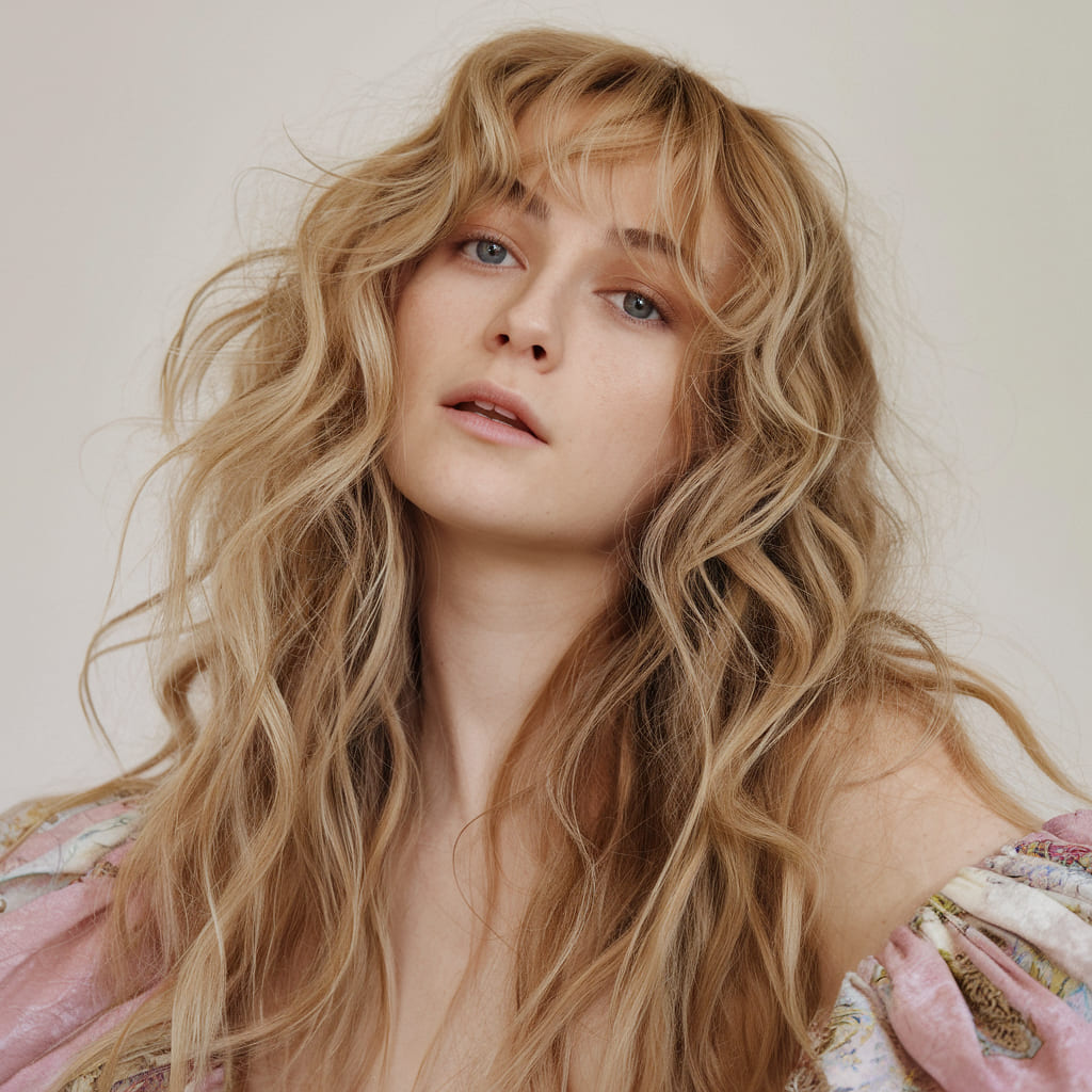 Voluminous Long Curls with Delicate Wispy Bangs