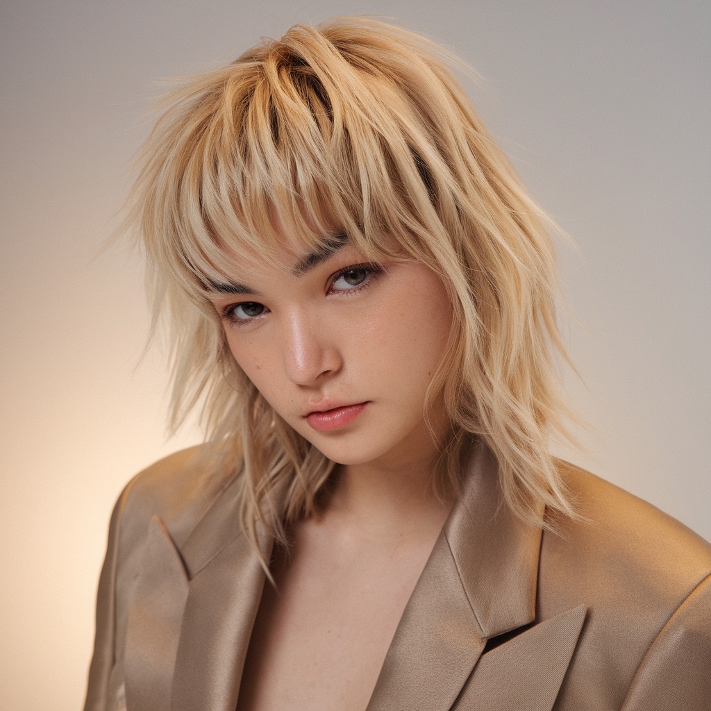 Warm Honey Blonde Wolf Cut with Choppy Bangs