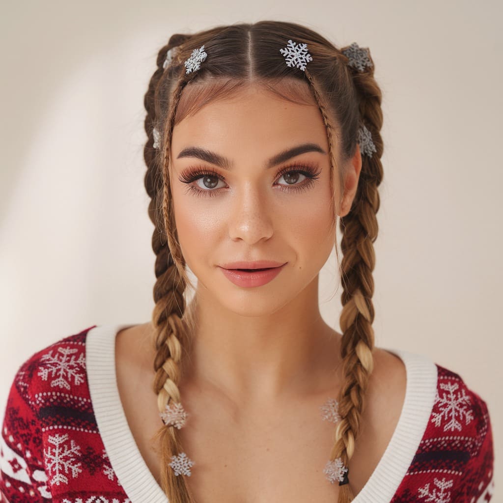 Double Braids with Snowflake Clips