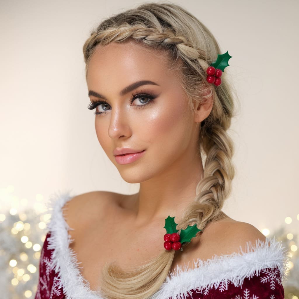 Fishtail Braid with Holly Berry Accent