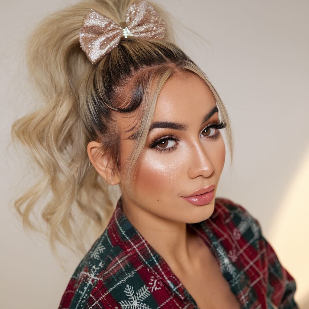 High Ponytail with Sparkly Bow Scrunchie