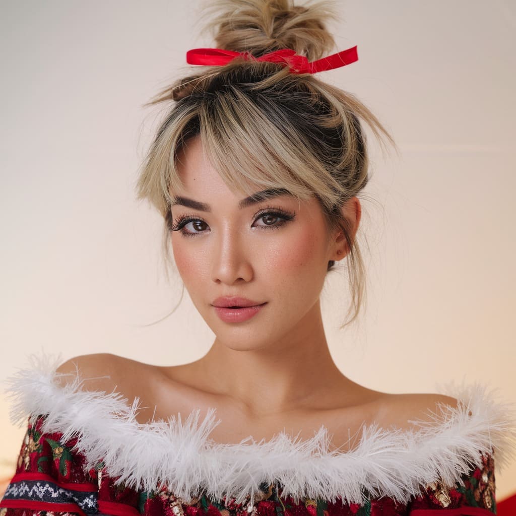 Messy Top Knot with Red Ribbon