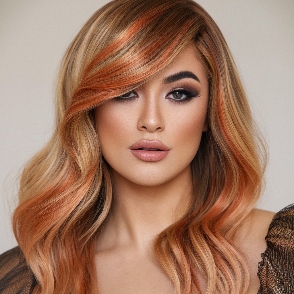 Side-Swept Blonde with Copper Highlights