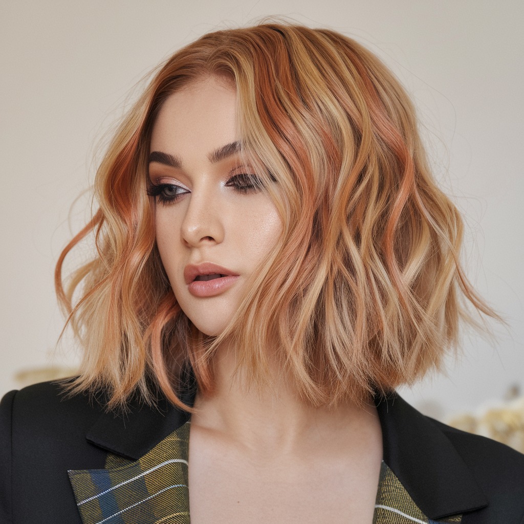 Wavy Blonde Bob with Hidden Copper Accents